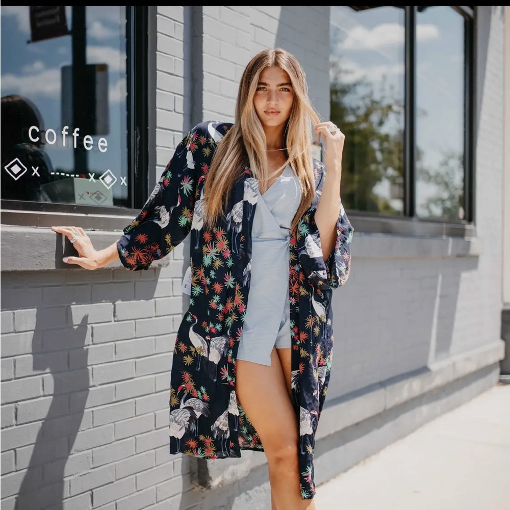 NEW Tropical Bird Navy Blue Kimono Dress Cover Up Tie Front